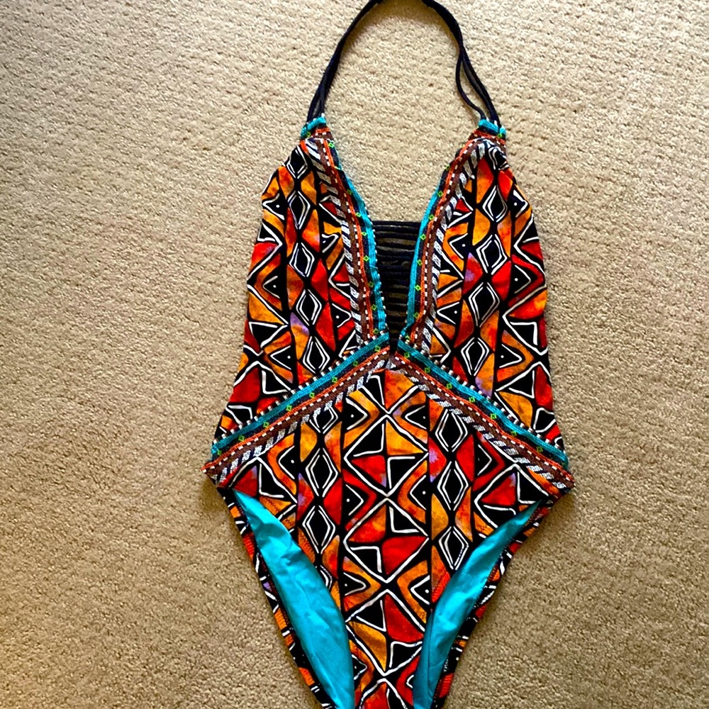 Nanette Lenore Coachella Valley Crochet Goddess V-Neck One Piece Swimsuit